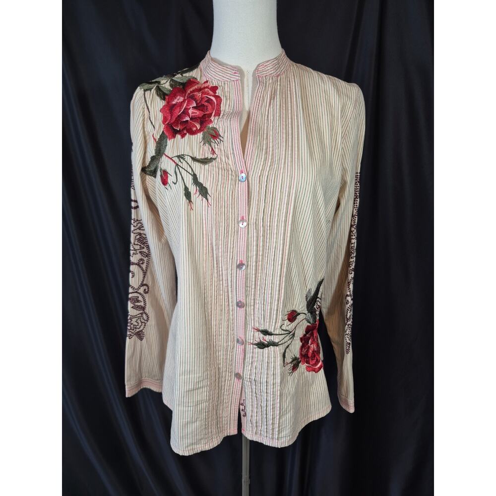 Johnny Was 3J Workshop Attico Rose Embroidery Pinstripe Shirt Cream Red Medium - Picture 2 of 14
